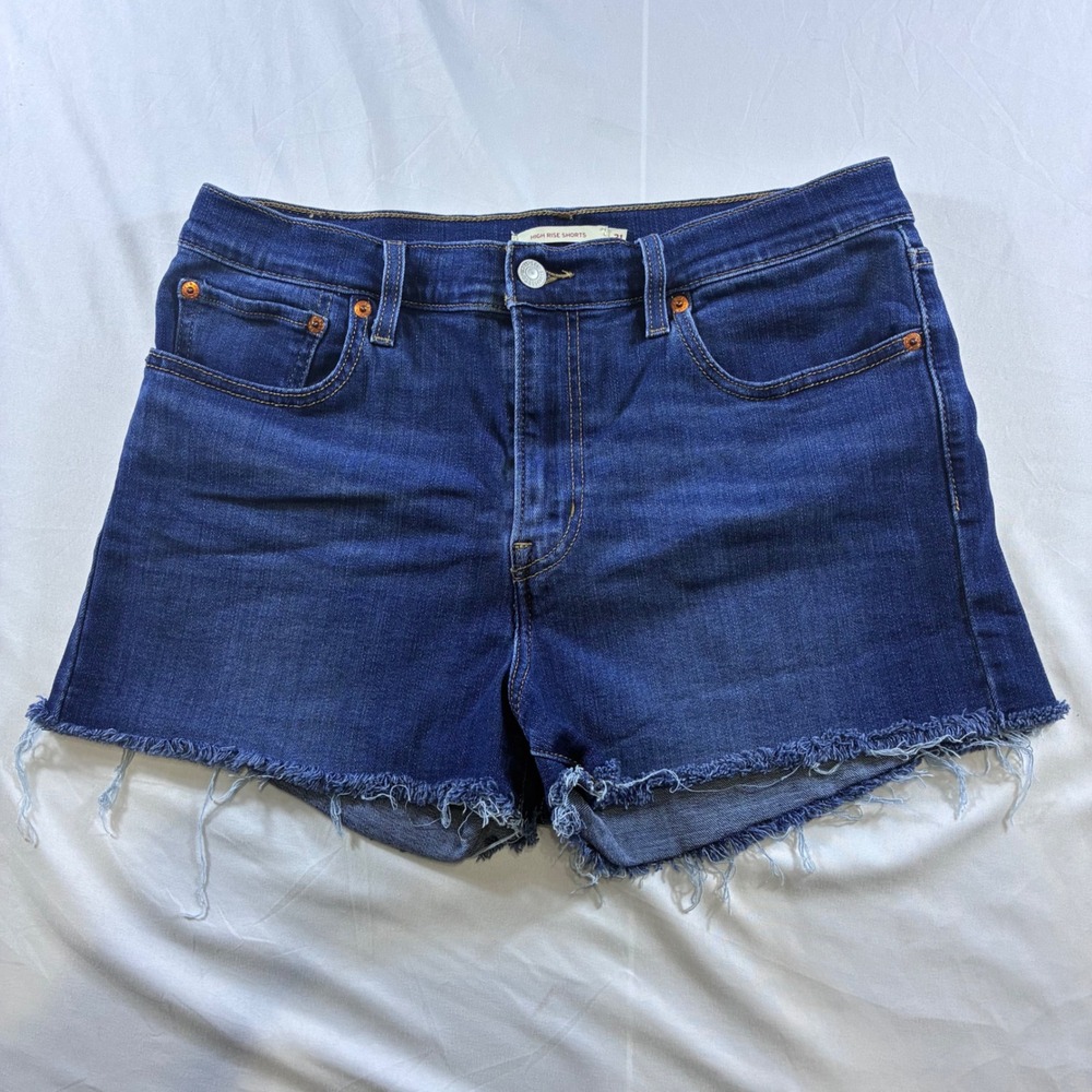 Levis High Rise Denim Shorts Womens 31 Dark Wash Raw Hem Stretch Cut Offs